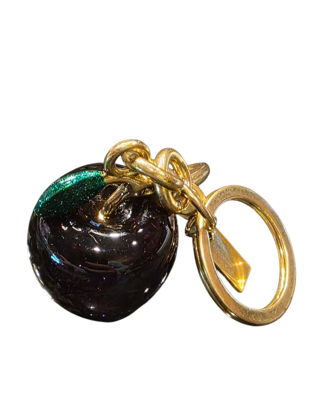 Black Glitter Apple Purse Charm Keyring with Green Leaf Matte Gold Hardware